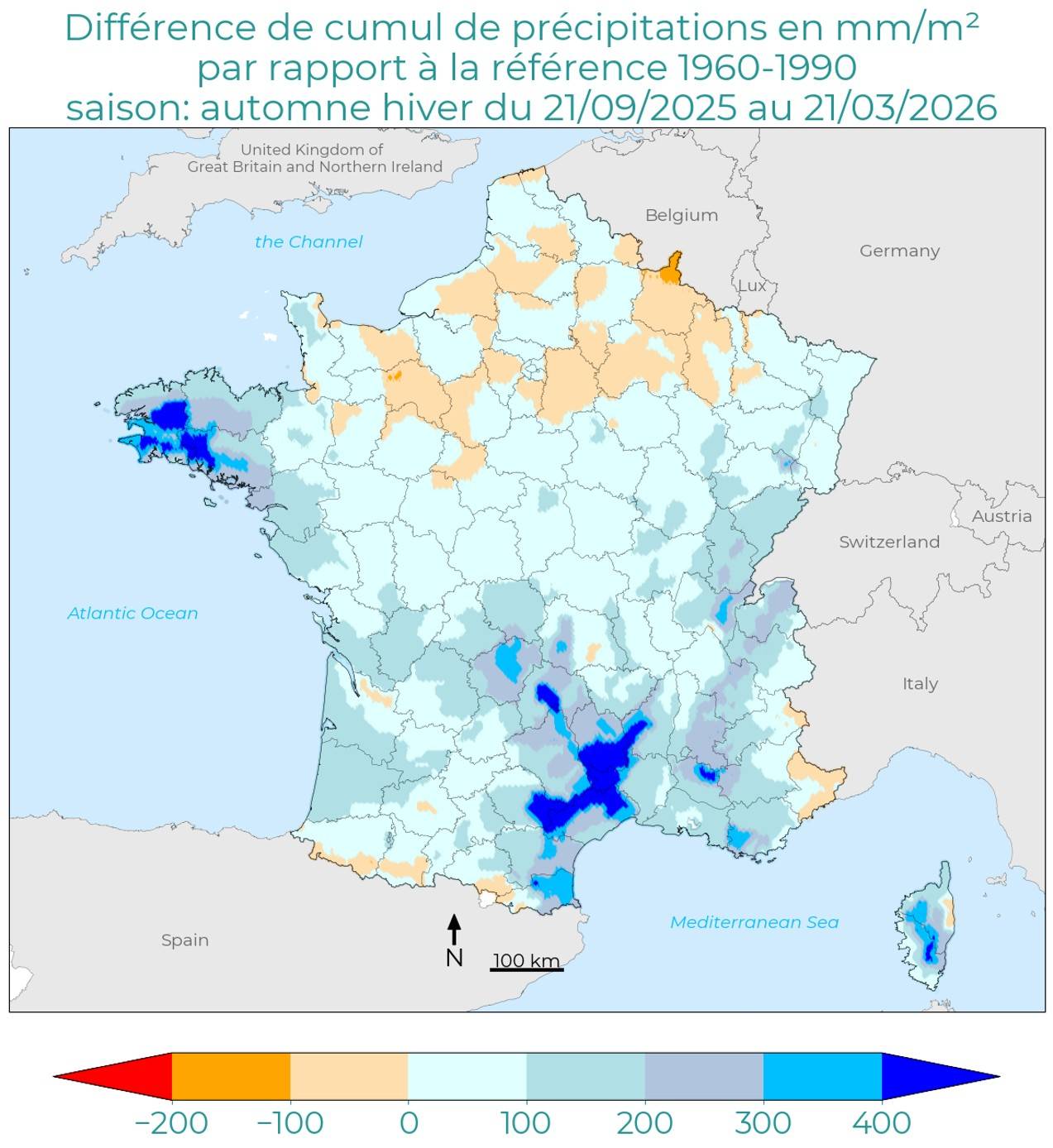 Synthese-Climatique-Automne-Hiver-2526-Precipitations Différence de cumul de précipitations en France sur la saison Automne-Hiver 2025 - 2026, versus 1960-1990