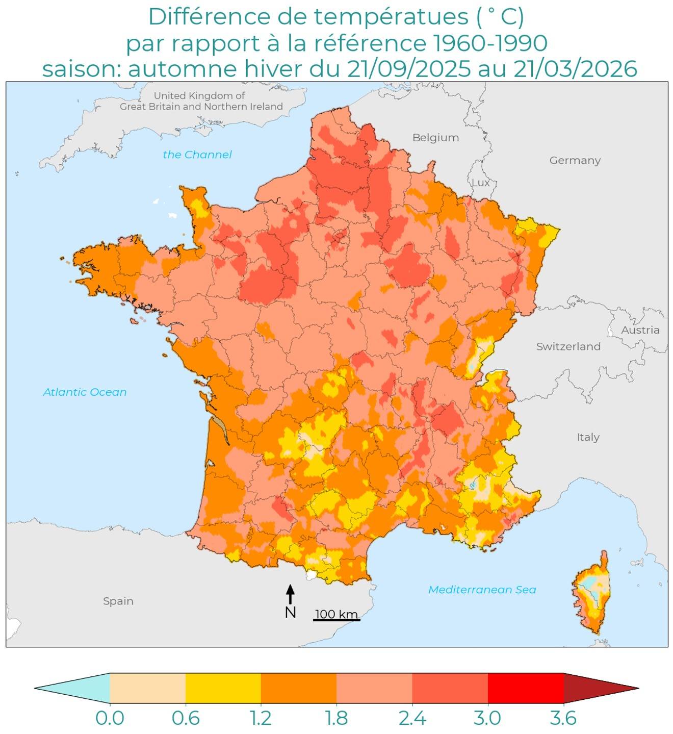 Synthese-Climatique-Automne-Hiver-2526-Temperatures Différence des températures en France sur la saison Automne-Hiver 2025 - 2026, versus 1960-1990
